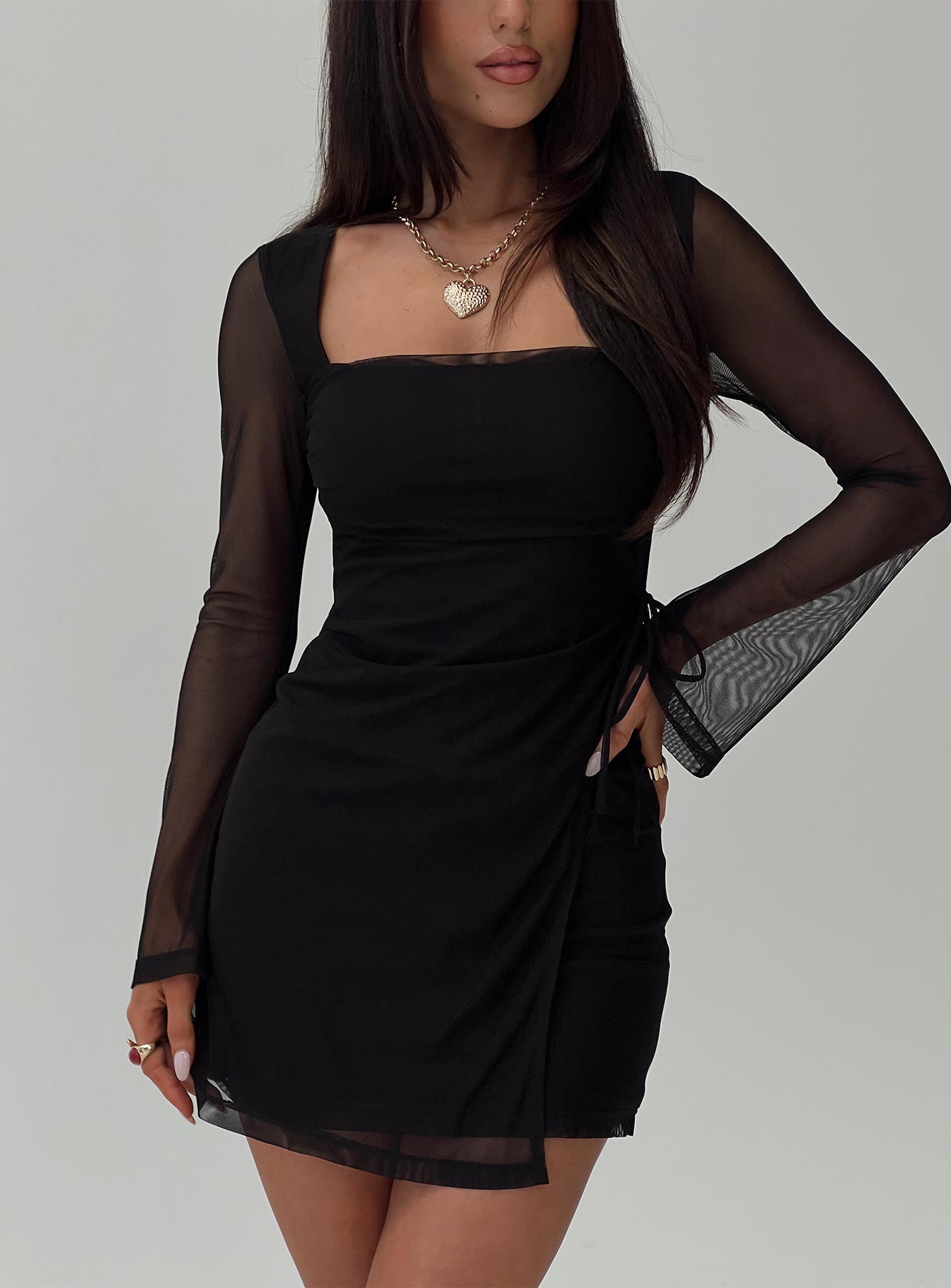 front view of model wearing Princess Polly Martinez Long Sleeve Mini Dress Black Square Neck