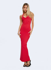 side view of model wearing Princess Polly Spicy Maxi Dress Red Plunger
