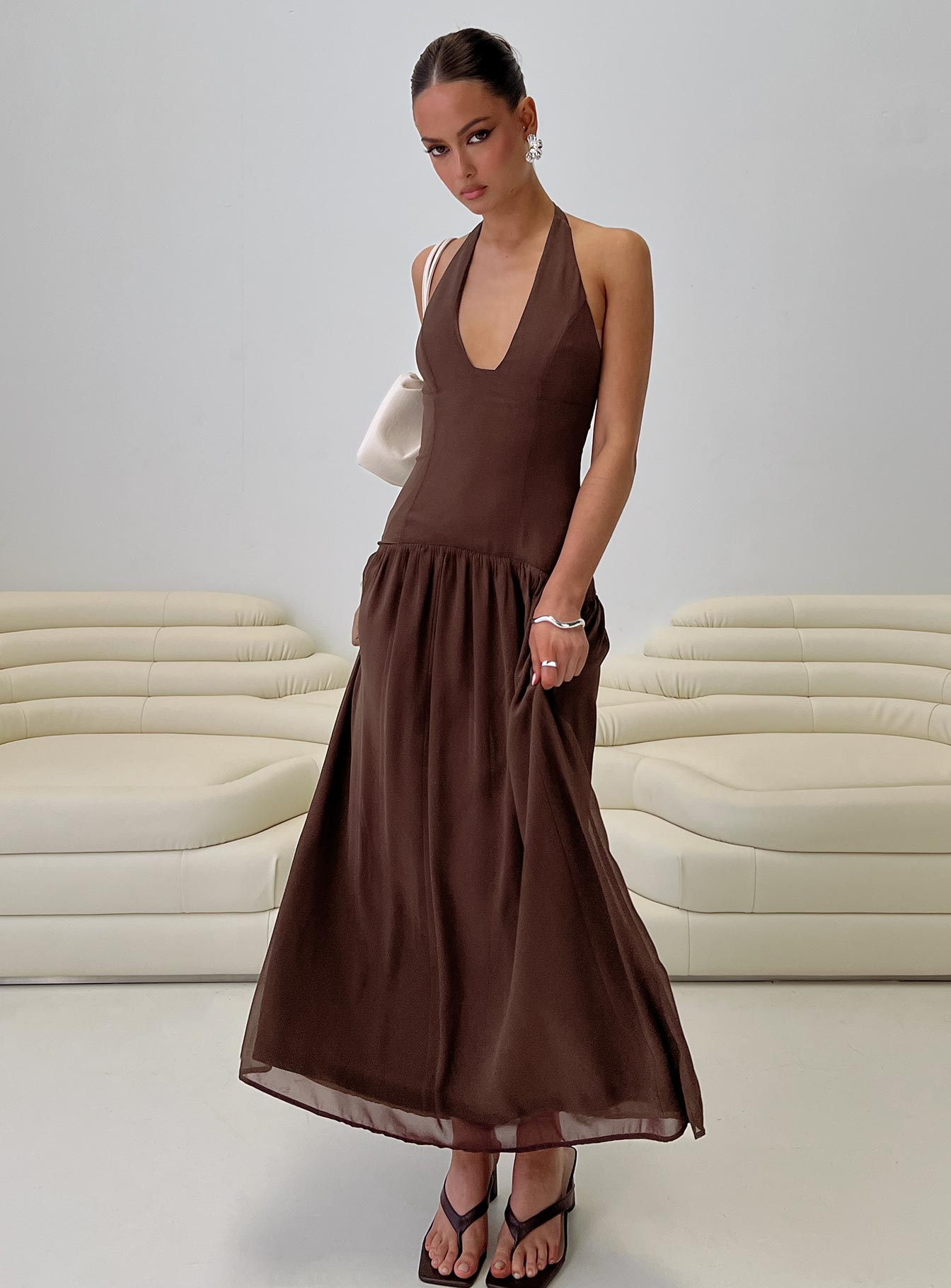side view of model wearing Princess Polly Chestnut Drop Waist Maxi Dress Brown Plunger