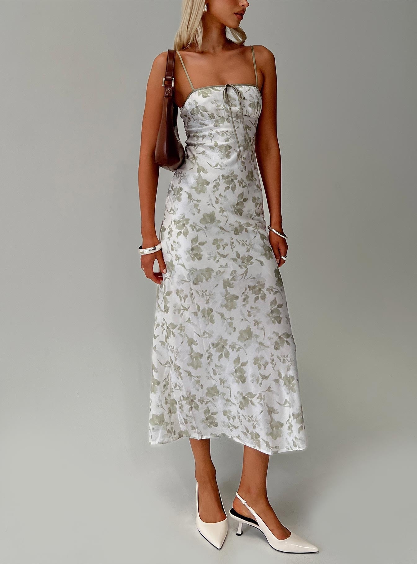 front view of model wearing Princess Polly Vasiliki Maxi Dress White / Green Floral Square Neck