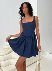 back view of model wearing Princess Polly Martie Mini Dress Navy Square Neck