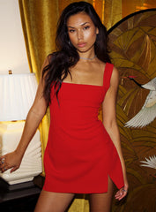 front view of model wearing Princess Polly Bombshell Mini Dress Red Tall Square Neck