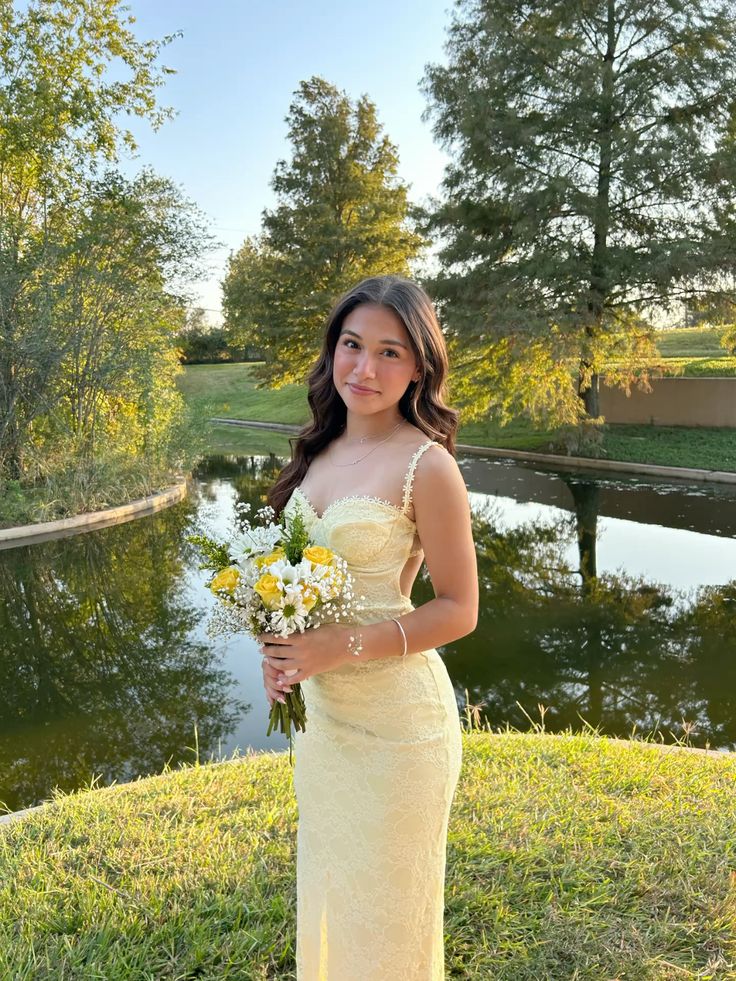 Pastel Yellow Prom Dress, Elegant Lace Evening Dress fg7337