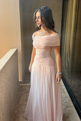 Elegant Off-shoulder Sleeveless Light Pink Long Evening Prom Dresses fg6972