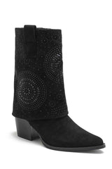 Lola Black Suedette Diamante Foldover Boots
