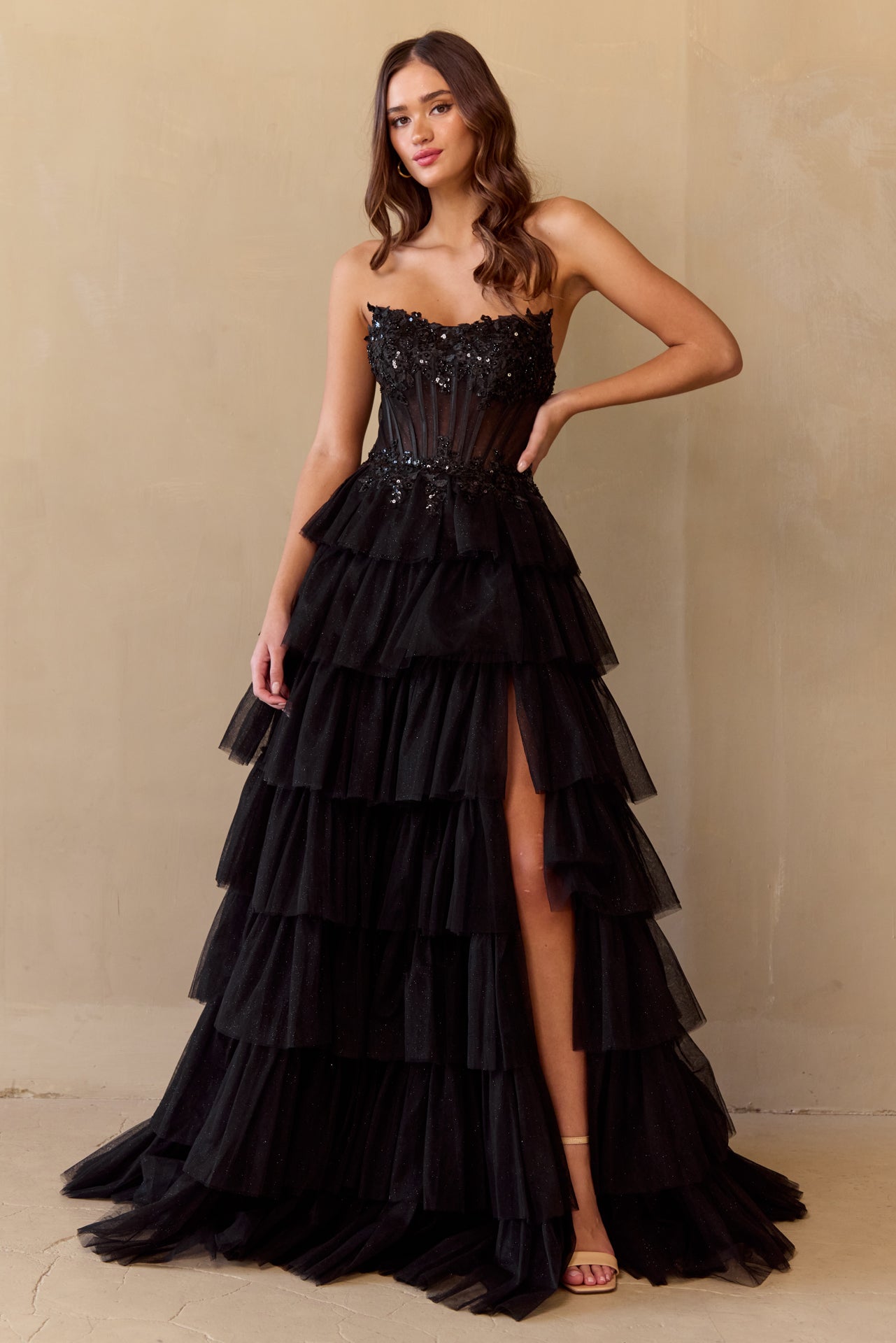 ZANNIA Strapless Corset Layered Tulle A Line Prom & Formal Dress in Australia | One Honey Boutique