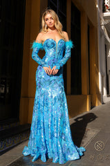 Step into the spotlight in the stunning Nox Anabel D1269 Sequin Mermaid Long Sleeve Prom Dress. With a flattering feather corset and intricate sequin detailing, this formal gown will make you feel like a star. Perfect for prom or any special event, stand out in style with this elegant and unique dress. Sizes: 0-16 Colors: Emerald, Fuchsia, Orange, Turquoise, White/Multi