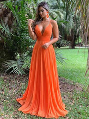 Sexy Deep V Neck Orange Chiffon Open Back Prom Dresses, Backless Orange Formal Evening Dresses