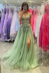 Sage Green Lace Tulle Prom Dress Corset Back with Slit