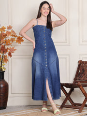 PUELLA Women’s Strappy Denim Maxi Dress with Front Slit & Button Detailing