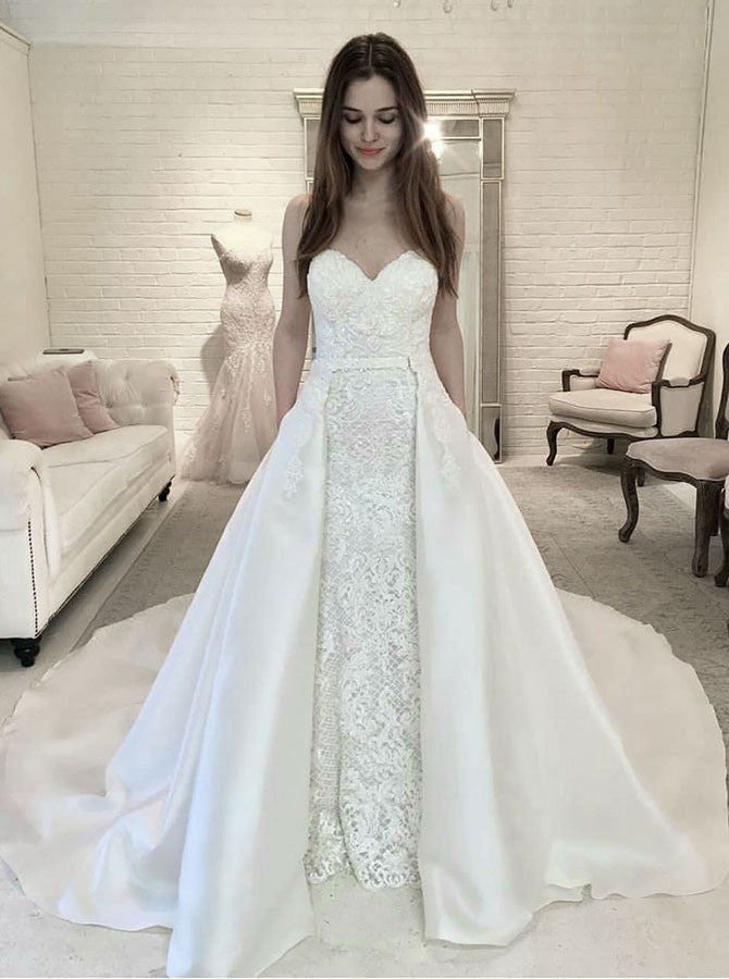 Appliques Sheath Sweetheart Detachable Train Lace Wedding Dress