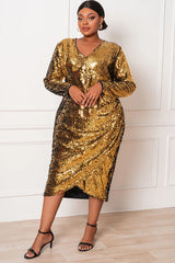 Plus Size Formal Gold Sequin V Neck Long Sleeve Bodycon Midi Party Dresses