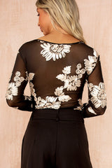 Parker Gold and Black Mesh Floral Devore Bodysuit