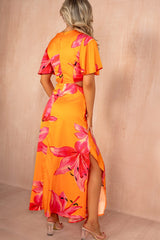Josie Orange Satin Cut Out Midi Dress