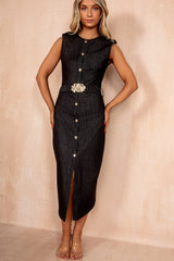 Nisha Black Chambray Belted Midi Dress