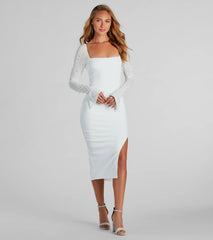 You'll look stunning in the Amy Formal Crepe Faux Pearl Sleeve Midi Dress, a white formal dress designed to create an effortless yet standout look as women's formal holiday attire, work party outfit, or NYE dress.