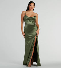 The Melody Cowl Neck Mermaid Glitter Satin Formal Dress is a shimmery olive glitter dress that catches the light beautifully, perfect for any special outfit like Winter Formal attire, clubwear, or a wedding guest dress.