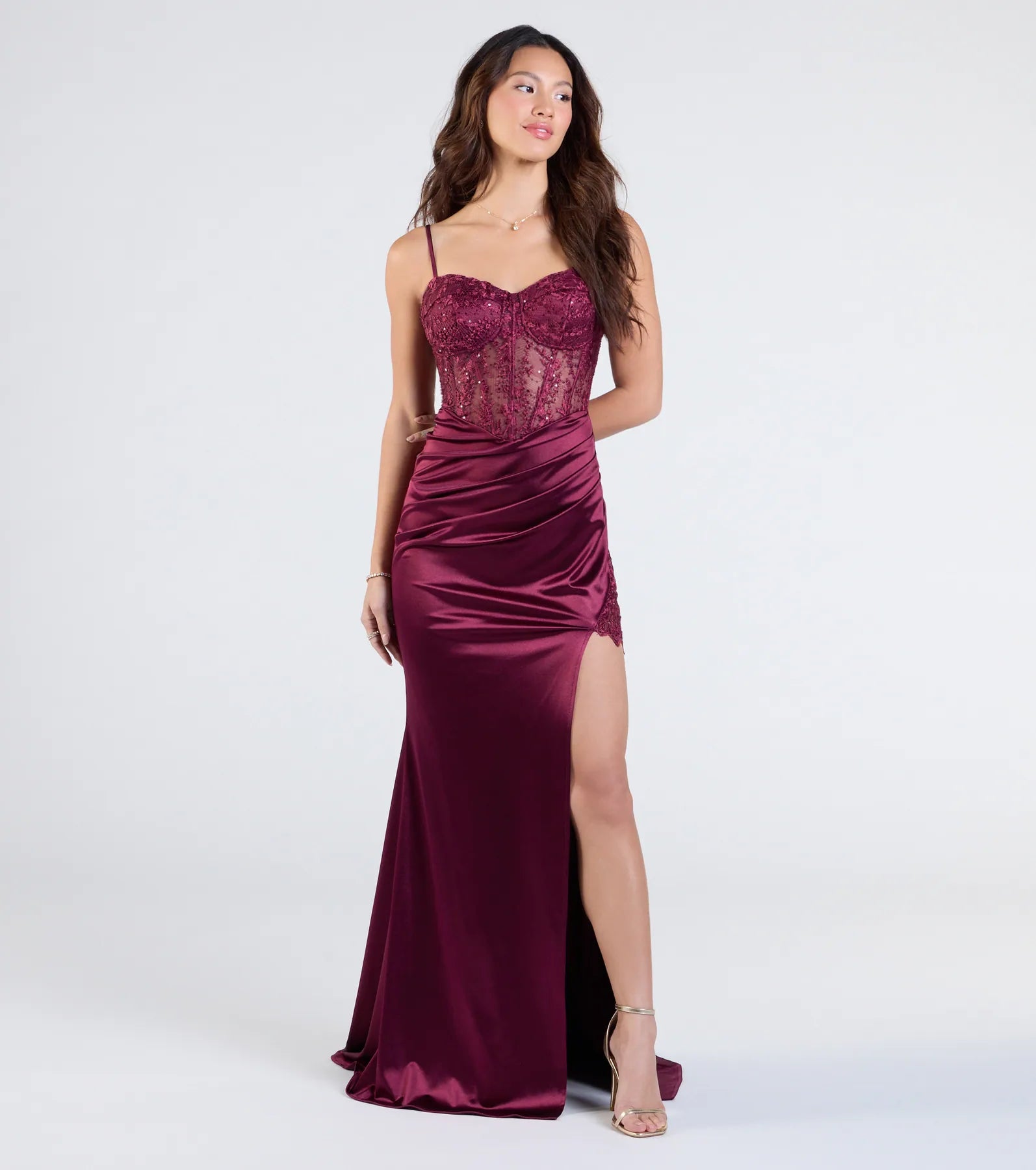 Your dream vibe in motion—the Olga Corset Lace Satin Wrap Mermaid Formal Dress blends sleek style and trending details for the ultimate wine prom dresses glow-up.