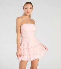 Bring a fun and feminine vibe with the Lovely Nights Strapless Lace Ruffle Skater Dress, a scroll-stopping style from Windsor's pink homecoming dress collection that brings playful charm to every HOCO moment.