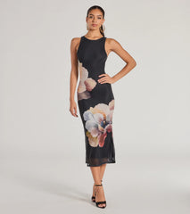 With its mid-calf hem and popular flattering fit, the Date Night Chic Floral Mesh Midi Dress in black nails the balance of trend and ease, redefining go-to midi dresses for any occasion.