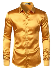 Gold Men's Shiny Satin Silk Dress Shirt Long Sleeve Casual Slim Fit
