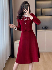 French rich and noble two-piece dress autumn and winter women's new red new Chinese style tassel buckle suit skirt