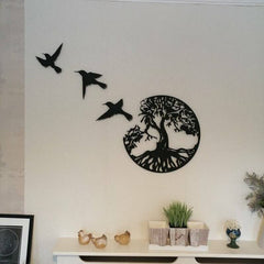 Árbol de la vida con tres pájaros, decoración de pared de metal.