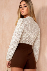 Cadee Cream and Brown Tie Neck Textured Playsuit