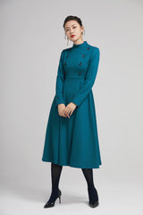 Blue Wool Fit and Flare Midi Dress - Double Breasted, Stand Collar 2232