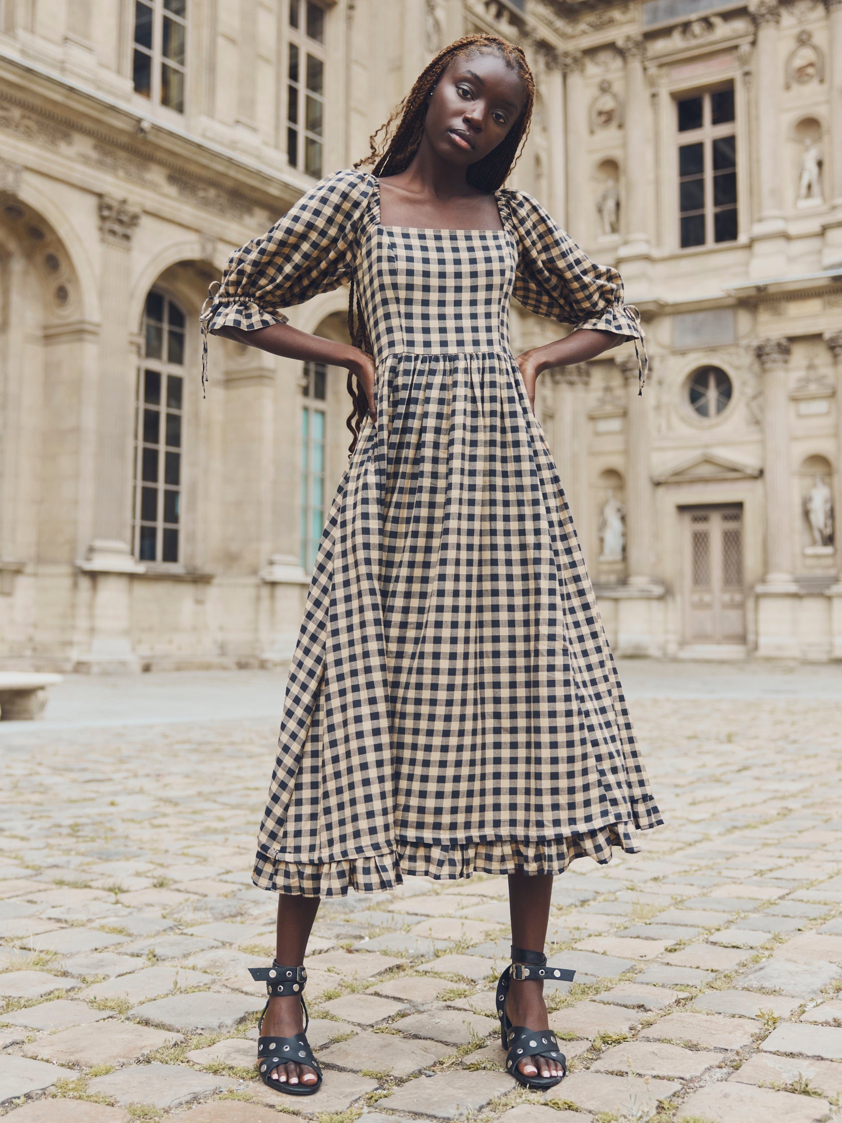Grace Midi Dress - Black & Tan Check
