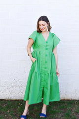 Kelly Green Flutter Sleeve Midi Dress