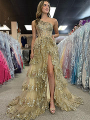 One Shoulder Layered Sequin Lace Prom Dress with Slit Evening Party Dress Ms2507172