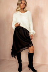 Imani Black Satin Lace Asymmetric Skirt