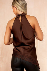 Zania Chocolate Satin Halterneck Top