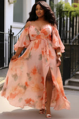 Plus Size Wedding Guest Peach Floral Open Shoulder Half Sleeve Split Wrap Chiffon Maxi Dress