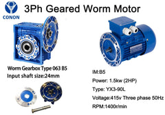 Three Phase 1.5kW 2HP 1400rpm Electric Motor & Worm Gearbox Type 063