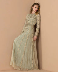 Green Embellished Long Sleeve A-Line Gown - Mac Duggal