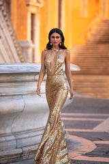 Nicola - Gold Halterneck Backless Sequin Gown with Open Plunge Neck
