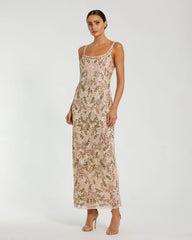 Pink Sleeveless Hand Beaded Floral Midi Dress - Mac Duggal