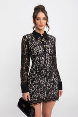 Long Sleeved Lace Mini Dress With Scallop Hem - Black