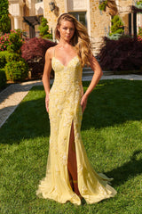 Prom Dresses Formal Long Beaded Floral Evening Prom Dress Light Yellow