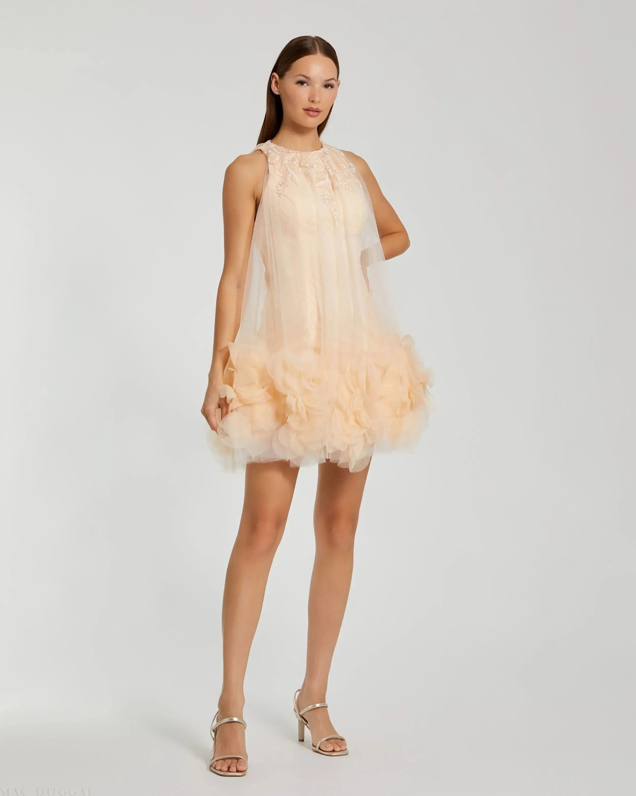 Pink Halter Neck Flowy Petal A Line Mini Dress - Mac Duggal