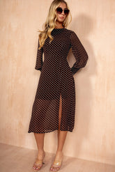 Oraya Brown Spot Chiffon Midi Dress