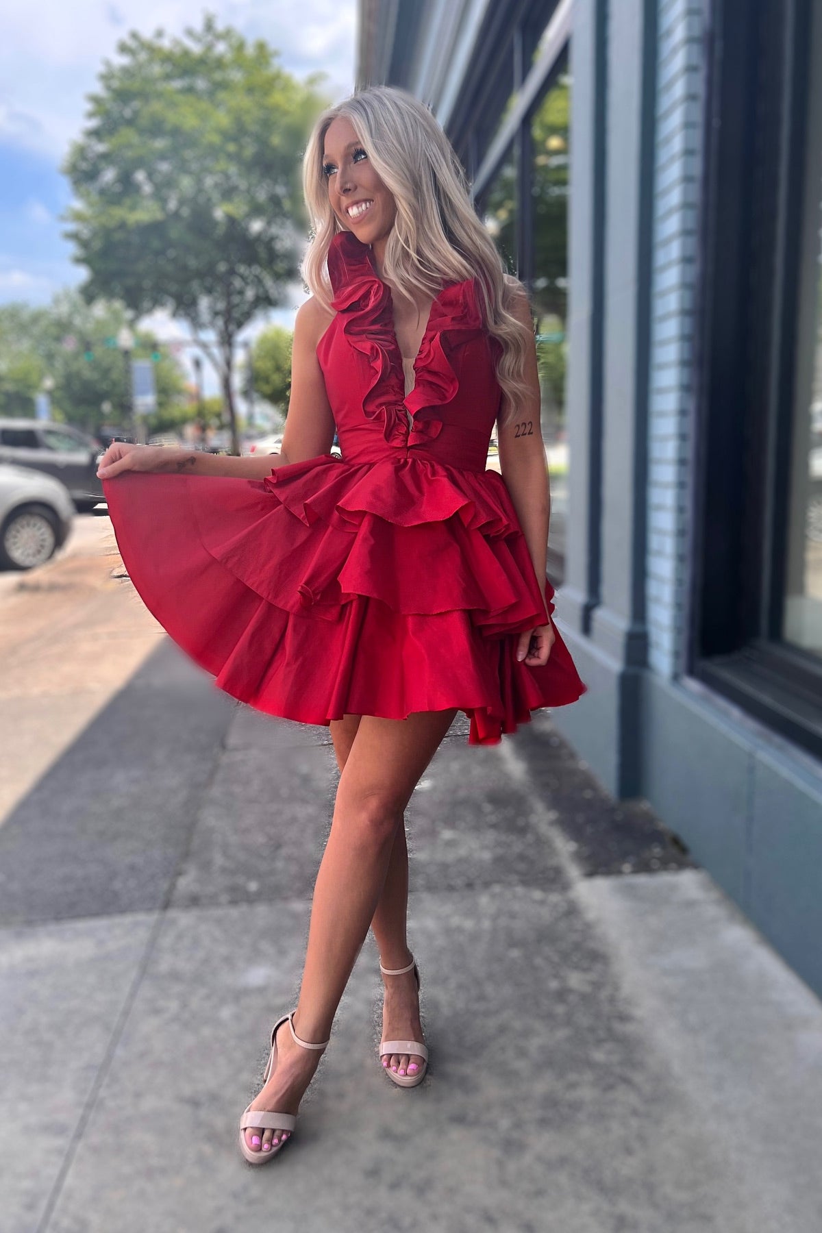 Red Ruffles Halter A-line Short Dress