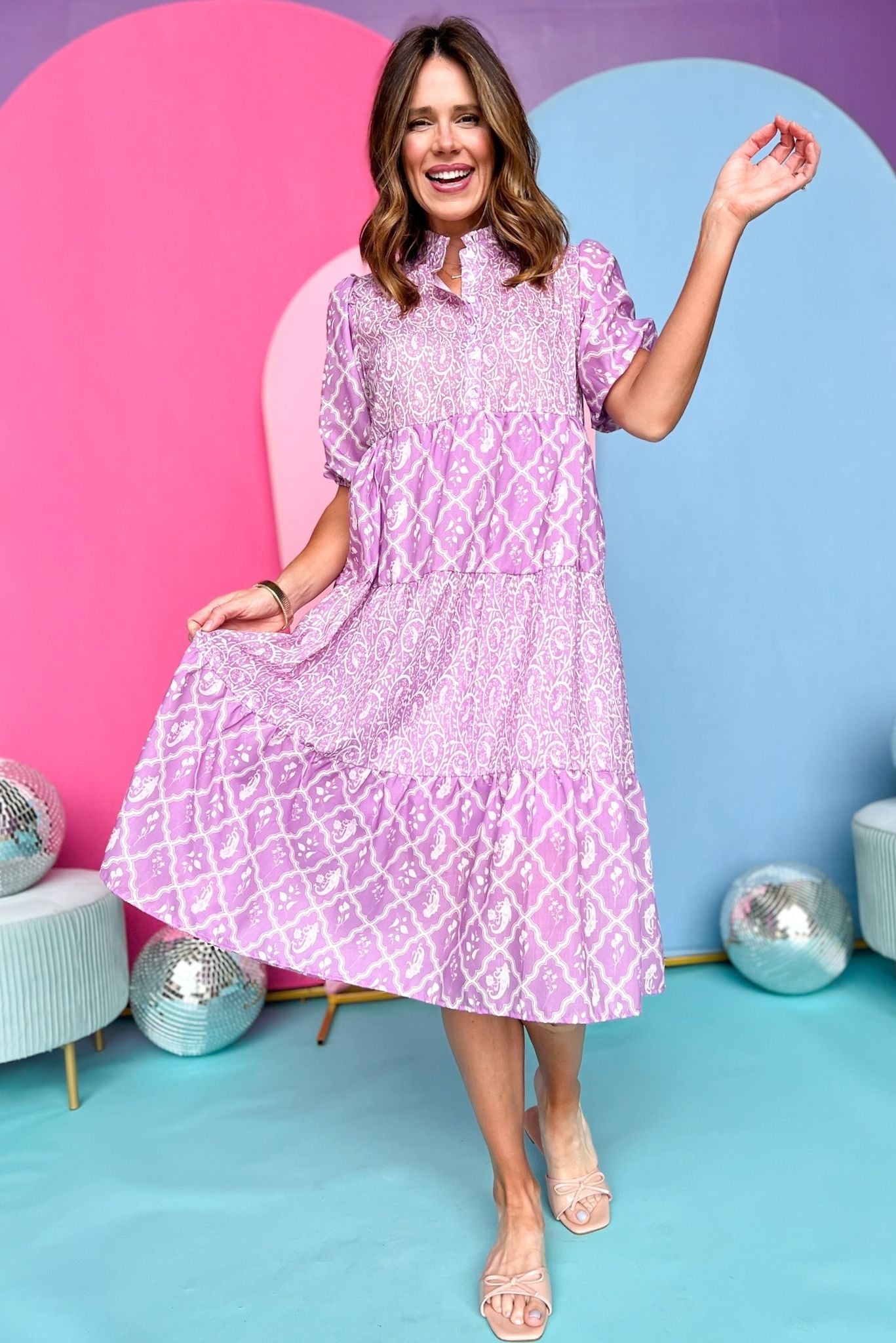 Lilac Mixed Printed High Neck 3/4 Sleeve Tiered Midi Dress, mixed print dress, lilac dress, must have dress, must have style, weekend style, spring fashion, elevated style, elevated dress, mom style, shop style your senses by mallory fitzsimmons, ssys by mallory fitzsimmons