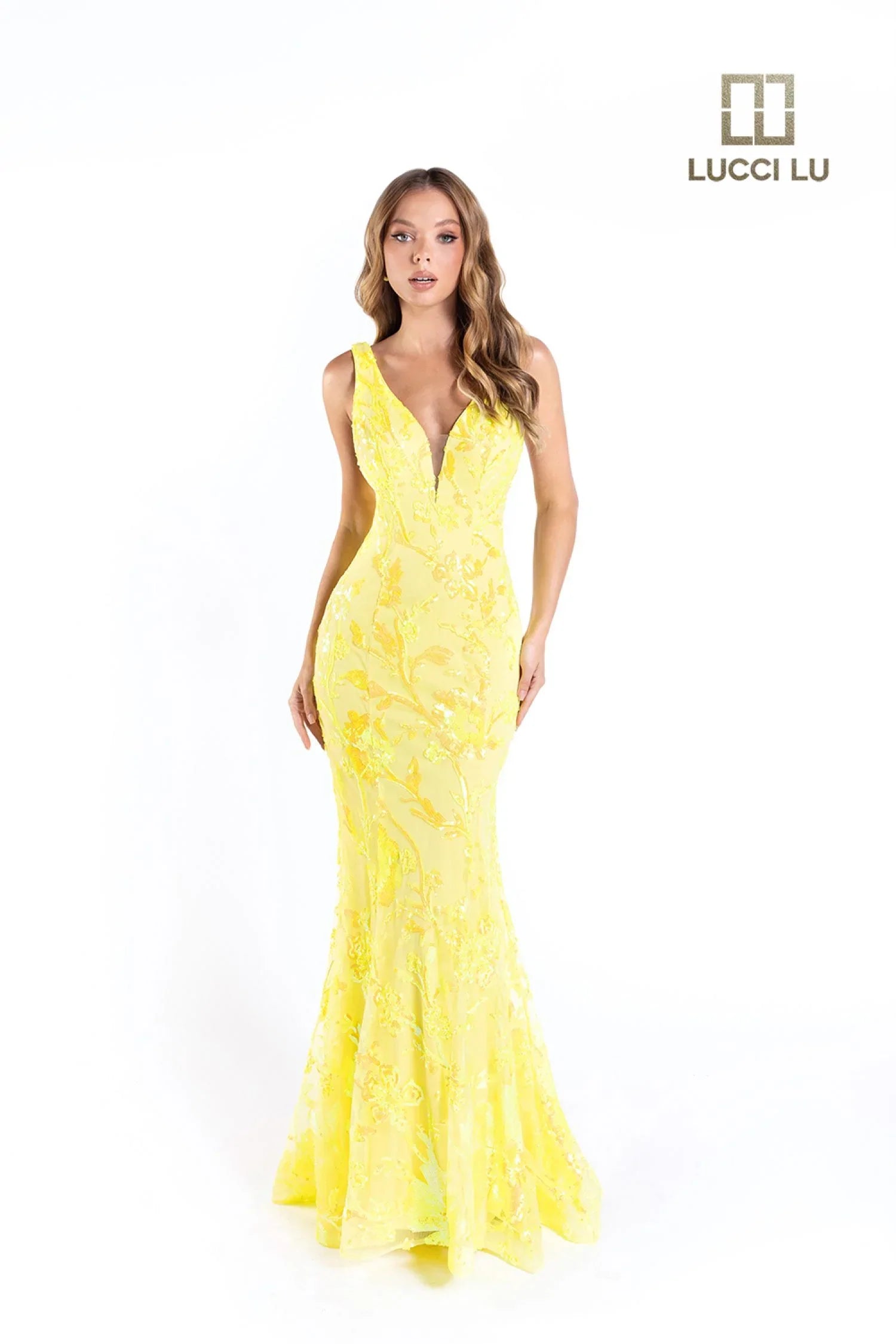 Lucci Lu 1230 Long Fitted Sequin Neon Prom Dress V Neck Formal Pageant Gown Backless Sizes: 00-24 Colors: Neon Orange, Neon Pink, Neon Yellow