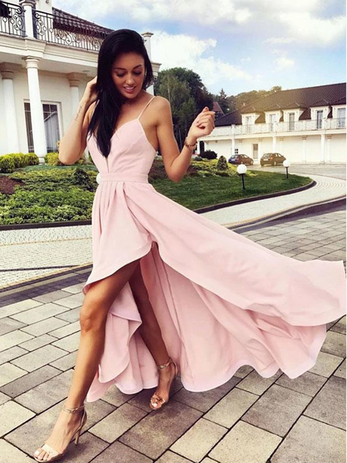 Cute V Neck Pink High Low Prom Dresses, High Low Pink Formal Graduation Evening Dresses