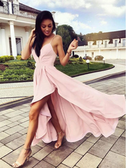 Cute V Neck Pink High Low Prom Dresses, High Low Pink Formal Graduation Evening Dresses