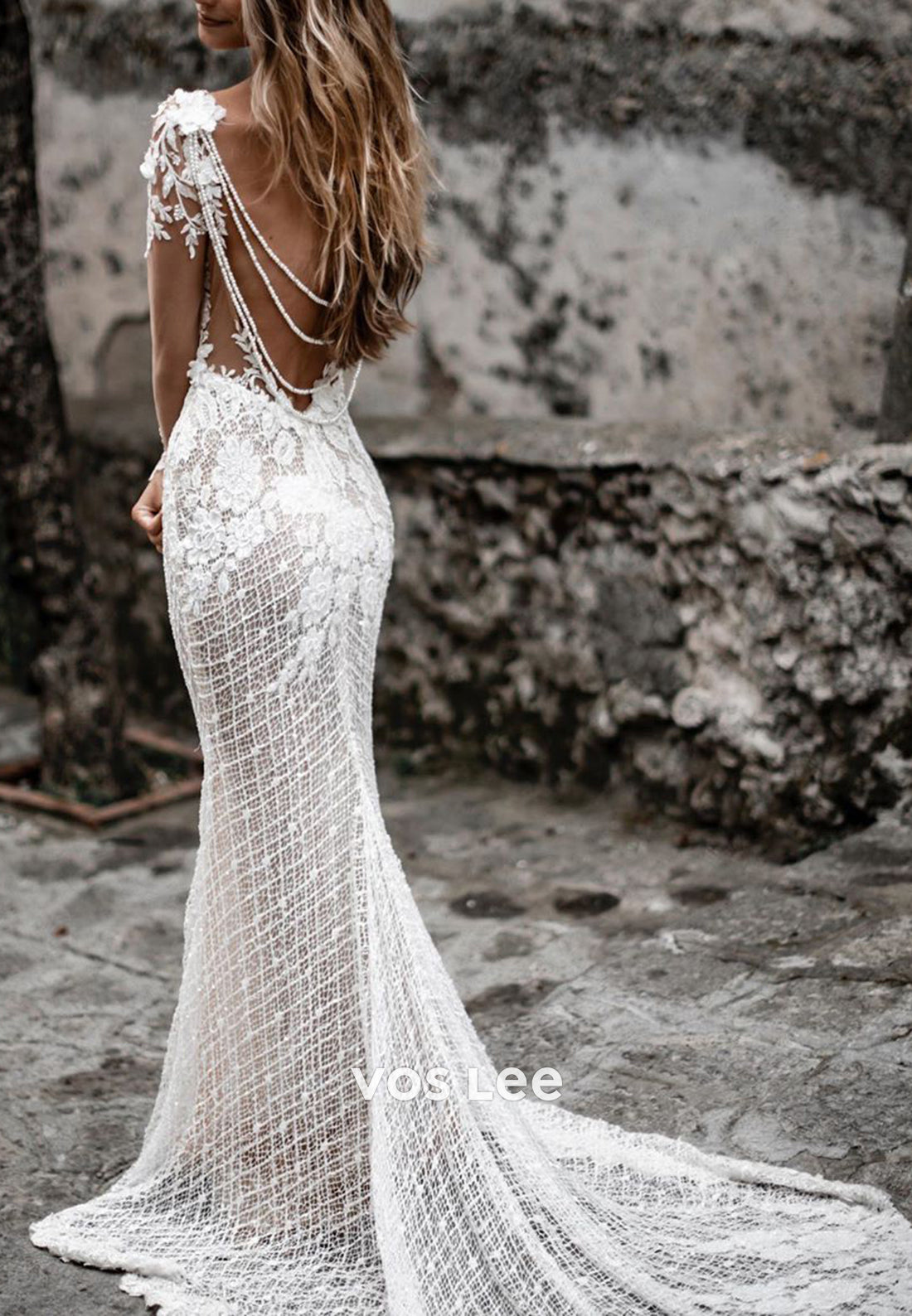 Backless Pearls Appliques Lace V Neck Mermaid Wedding Dresses with Sweep Train