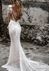 Backless Pearls Appliques Lace V Neck Mermaid Wedding Dresses with Sweep Train